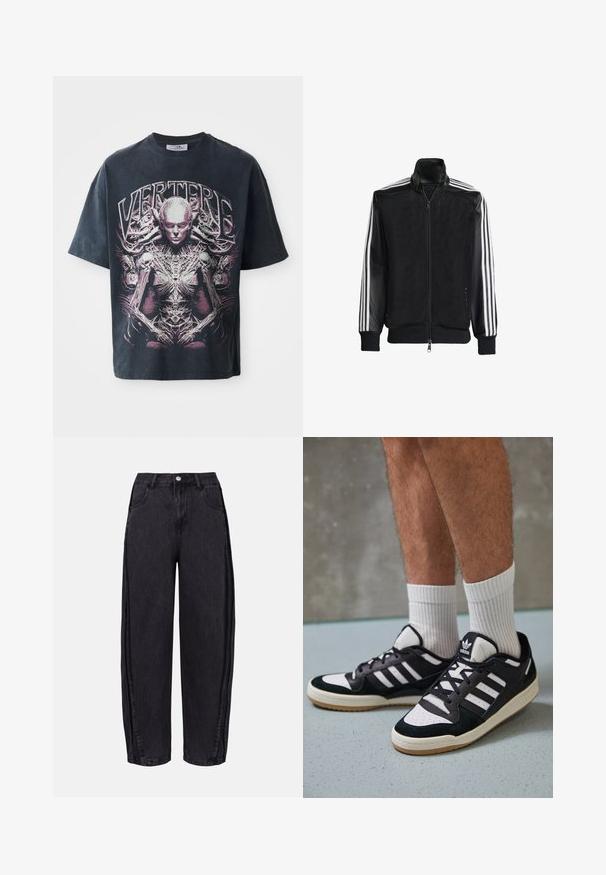 Jaqueta de malha preta com fecho zip, apresentando mangas pretas sólidas e três riscas brancas ao longo dos braços. Punhos e bainha canelados.; T-shirt gráfico preto feito de algodão, com um grande design em rosa e branco de uma figura humanoide com detalhes intricados e o texto "VERTERE."; Calças largas pretas em denim com uma textura suave. Apresentam uma cintura alta, bolsos frontais e fecho de botão na cintura.; Ténis em preto e branco com upper em camurça e couro, apresentando três riscas brancas, um toe perfurado e uma sola em borracha de goma.