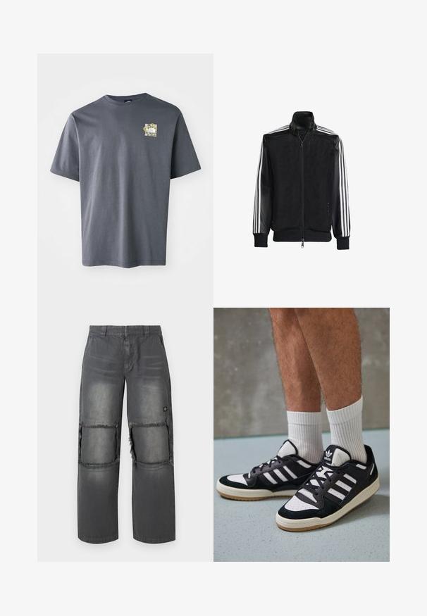 Zwarte maillotjas met een rits aan de voorkant, met stevige zwarte mouwen en drie witte strepen langs de armen. Geribbelde manchetten en zoom.; Grijs kortearmt-shirt van katoen met een kleine bloemenprint op de borst. Ronde hals, zachte textuur en een ontspannen pasvorm.; Grijze spijkerbroeken met een ontspannen pasvorm, voorzien van versleten kniematten, contrasterende stiksels en een klein logo aan de zijkant.; Zwart-witte sneakers met een bovenwerk van suede en leer, voorzien van drie witte strepen, een geperforeerde neus en een rubberen gumzool.