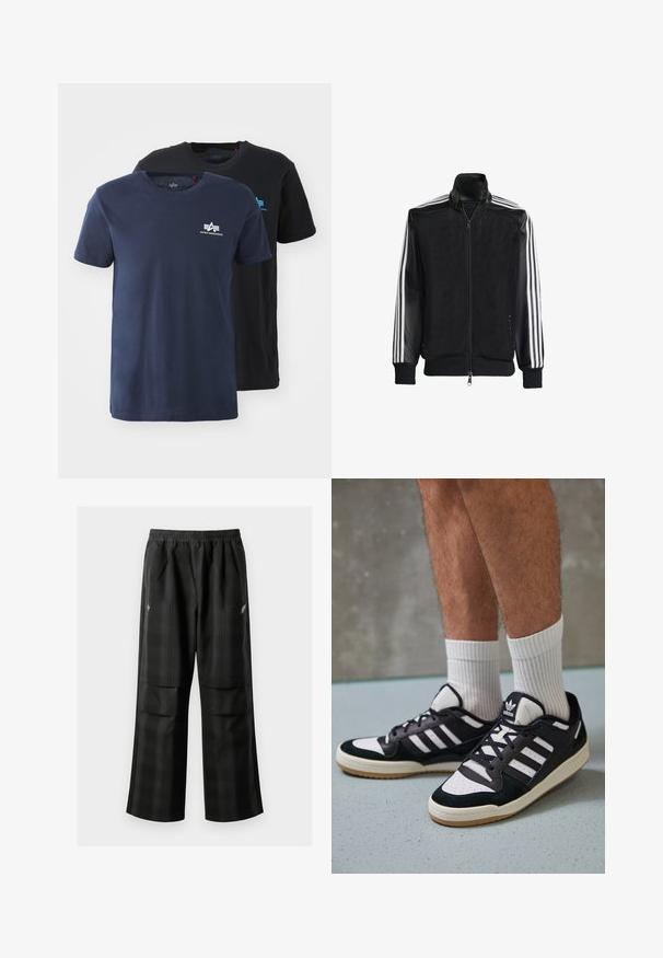 Melna režģa jakas ar rāvējslēdzēja priekšpusi, kam ir viendabīgas melnas piedurknes un trīs baltas svītras gar rokām. Ribota aproce un apakša.; Divi apģērbs ar apaļām apkaklēm: viens tumši zils, otrs melns. Abi ir kokvilnas, īsām piedurknēm ar mazu baltu logo uz krūtīm.; Melnas kvadrātveida bikses ar elastīgu jostu, divām priekšējām kabatām un brīvu piegriezumu ar taisnām kājām. Izgatavotas no viegla materiāla.; Melnas un baltas kedas ar zamša un ādas augšdaļu, kas aprīkotas ar trim baltām svītrām, perforētu purngali un gumijas zolēm.