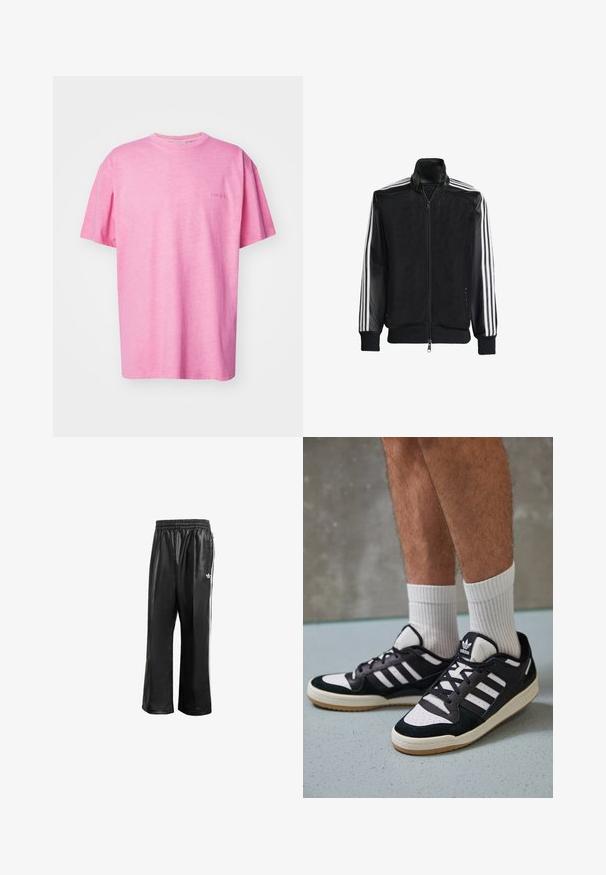 Black mesh jacket with a zip front, featuring solid black sleeves and three white stripes along the arms. Ribbed cuffs and hem.; Carhartt WIP DUSTER SCRIPT - Basic T-shirt - charm pink; Black synthetic track pants with an elastic waistband, featuring white side stripes and a small white logo on the left hip.; Black and white sneakers with a suede and leather upper, featuring three white stripes, a perforated toe, and a gum rubber sole.