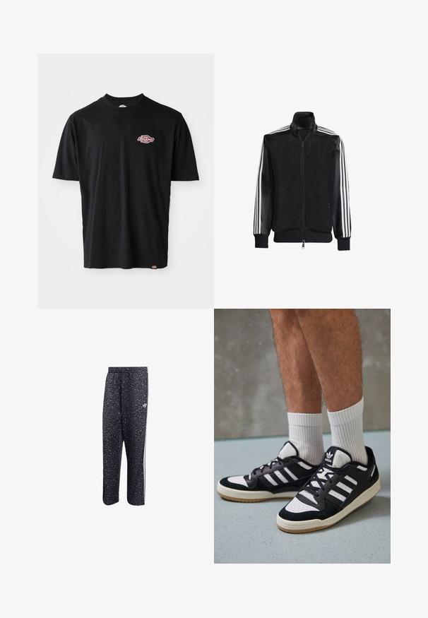 Jaqueta de malha preta com fecho zip, apresentando mangas pretas sólidas e três riscas brancas ao longo dos braços. Punhos e bainha canelados.; T-shirt de algodão preto com gola redonda, mangas curtas e um pequeno logótipo em vermelho e branco da Dickies no peito. Corte clássico.; Calças atléticas pretas com um padrão de estampa de leopardo, apresentando um design de três riscas brancas e um logotipo de marca atlética na lateral.; Ténis em preto e branco com upper em camurça e couro, apresentando três riscas brancas, um toe perfurado e uma sola em borracha de goma.