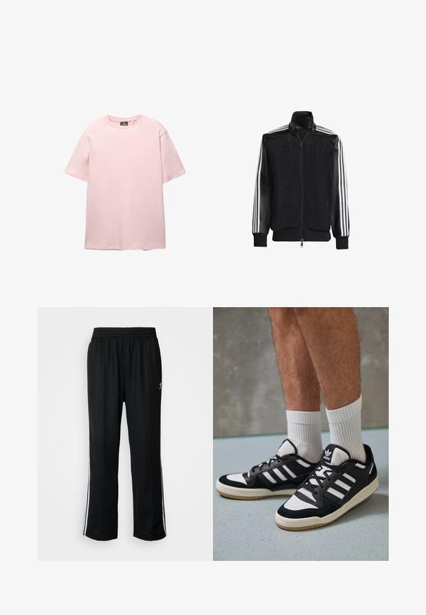 Černá síťovaná bunda na zip, s celými černými rukávy a třemi bílými pruhy podél rukávů. Hladké manžety a lem.; PULL&BEAR JOIN LIFE - Jednoduché tričko - pink; Černé sportovní kalhoty s elastickým pasem, s bílými bočními pruhy a malým logem. Materiál vypadá měkce a lehce.; Černobílé tenisky s vrchní částí z semišové a kožené kůže, včetně tří bílých pruhů, perforovaného špičky a podrážky z gumy.