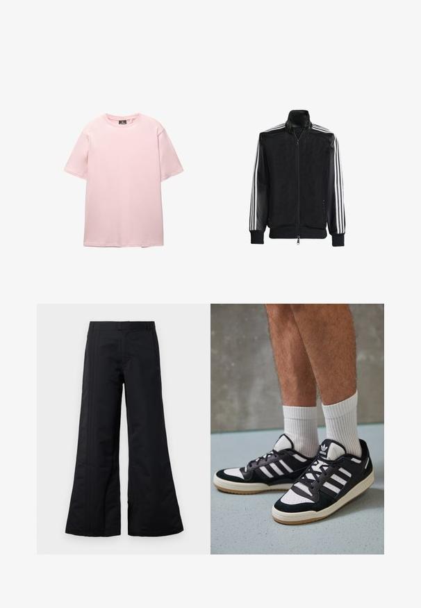 Černá síťovaná bunda na zip, s celými černými rukávy a třemi bílými pruhy podél rukávů. Hladké manžety a lem.; PULL&BEAR JOIN LIFE - Jednoduché tričko - pink; Černé široké kalhoty vyrobené z hladkého materiálu, s předními sklady a pasem. Čistý design bez viditelných vzorů nebo akcentů.; Černobílé tenisky s vrchní částí z semišové a kožené kůže, včetně tří bílých pruhů, perforovaného špičky a podrážky z gumy.