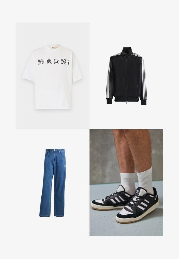 Juodas permatomas džemperis su užtrauktuku priekyje, turintis vientisas juodas rankoves ir tris baltas juostas ant rankų. Raukšlėtos rankogaliai ir apatinė dalis.; Balta medvilninė marškinė su trumpomis rankovėmis ir aukštu apykaklės iškirpimu. Priekyje yra juodais gėlių raštais užrašyti žodžiai "MARNI".; Mėlynos aukštu liemeniu plačios džinsinės kelnės su priekinėmis kišenėmis, diržo kilpos, sagčių uždarymu ir mažu Adidas logotipu dešinėje šlaunyje.; Juodos ir baltos sportinės bateliai su zomšiniu ir odiniu viršumi, su trimis baltomis juostelėmis, perforuota koja ir guminėmis padais.