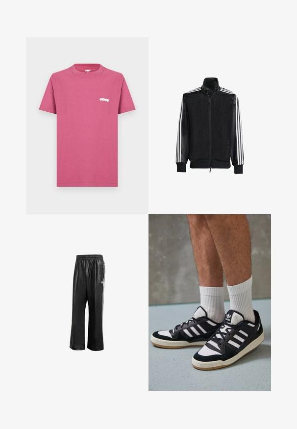 Must mustriga jope, millel on lukuga eesosa, ning mustad varrukad ja kolm valget triipu varrukate ääres. Ribaelastne mansett ja allääre.; Roosa puuvillane T-särk klassikalise ümaraga kaelusega. Vasakul rinnal on väike valge "obey" logo. Lühikesed varrukad ja sirge äär.; Mustad sünteetilised spordipüksid mustas värvuses, elastse vöökohaga, valgete külgmiste triipudega ja vasakul puusal väikese valge logoga.; Mustvalged ja valged spordijalatsid, mille pealmine osa on valmistatud suede'ist ja nahast. Kingadel on kolm valget riba, auguline varvas ja kummist tald.