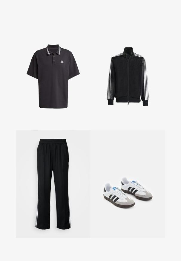 Jaqueta de malha preta com fecho zip, apresentando mangas pretas sólidas e três riscas brancas ao longo dos braços. Punhos e bainha canelados.; Pólo preto feito de algodão, com mangas curtas, colarinho clássico com riscas brancas e um pequeno logotipo Adidas branco no peito.; Calças atléticas pretas com um cós elástico, apresentando riscas brancas laterais e um pequeno logótipo. O material parece macio e leve.; Ténis desportivos com um cabedal em pele branca, biqueira em camurça cinza e três riscas pretas. Apresenta um logo azul na língua e uma sola de borracha texturizada.