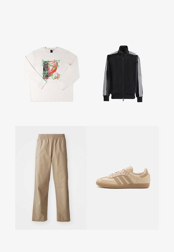 Fekete hálós dzseki, elöl cipzárral, amelynek egyszínű fekete ujjai és három fehér csíkja van a karokon. Rugalmas mandzsetták és derék.; Hosszú ujjú, fehér póló, piros és zöld hangú grafikus nyomattal, absztrakt mintázattal és fekete mintás háttérrel.; Beige, könnyű, rugalmas derékú nadrág egyenes lábakkal. Oldalsó zsebekkel és diszkrét varrással rendelkezik. Sima textúra, laza dizájn.; Beige bőr sportcipők három vízszintes csíkkal, kerek orral, lapos barna gumitalppal és puha szövetbéléssel a nyakon és a nyelvén.