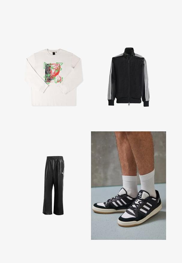 Zwarte maillotjas met een rits aan de voorkant, met stevige zwarte mouwen en drie witte strepen langs de armen. Geribbelde manchetten en zoom.; Wit longsleeve t-shirt met een grafische print met rode en groene accenten, abstract ontwerp en zwart patroon achtergrond.; Zwarte synthetische trainingsbroek met een elastische tailleband, voorzien van witte zijstrepen en een klein wit logo op de linkse heup.; Zwart-witte sneakers met een bovenwerk van suede en leer, voorzien van drie witte strepen, een geperforeerde neus en een rubberen gumzool.