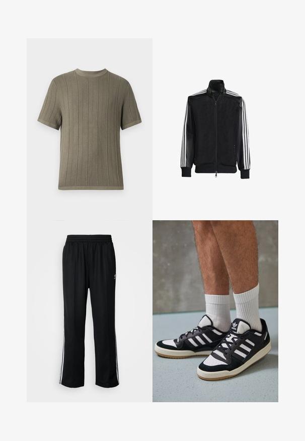 Fekete hálós dzseki, elöl cipzárral, amelynek egyszínű fekete ujjai és három fehér csíkja van a karokon. Rugalmas mandzsetták és derék.; Olíva zöld, rövid ujjú kötött póló bordás textúrával, kerek nyakkivágással és egyenes aljjal. Egyenletesen elhelyezett függőleges csíkokkal rendelkezik.; Fekete sportnadrág rugalmas derékrésszel, fehér oldalsávokkal és egy kis logóval. Az anyaga lágy és könnyűnek tűnik.; Fekete-fehér tornacipők velúr és bőr felsőrésszel, három fehér csíkkal, perforált orral és gumi talppal.