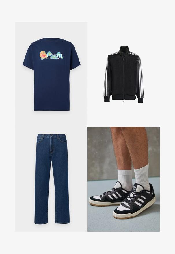 Black mesh jacket with a zip front, featuring solid black sleeves and three white stripes along the arms. Ribbed cuffs and hem.; Navy blue short-sleeve T-shirt made of cotton. Features a multicolored graphic logo “Carhartt” with a glow effect in the center.; Dark blue denim jeans with a straight leg design, featuring a high waist, front pockets, and contrasting yellow stitching.; Black and white sneakers with a suede and leather upper, featuring three white stripes, a perforated toe, and a gum rubber sole.