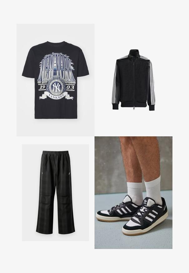 Crna mrežasta jakna s patentnim zatvaračem sprijeda, koja ima čvrste crne rukave i tri bijele pruge duž ruku. Riblje manžetne i rub.; New Era MLB NEW YORK YANKEES SHORT SLEEVE - Klupska odjeća - blue; Crne karirane hlače s elastičnom urezom, dva prednja džepa i ležernim krojem s ravnim nogavicama. Izrađene su od laganog materijala.; Crne i bijele tenisice s gornjim dijelom od antilopa i kože, s tri bijele pruge, perforiranim prstom i gumiranim potplatom.