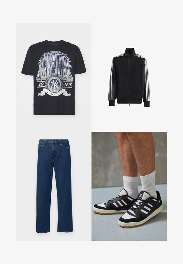 Čierna sieťovaná bunda so zipsom vpredu, s pevnými čiernymi rukávmi a tromi bielymi pruhmi po stranách rukávov. Žebrované manžety a spodný lem.; New Era MLB NEW YORK YANKEES SHORT SLEEVE - Klubové oblečenie - blue; Tmavomodré rovné rifľové nohavice s prednými vreckami a zapínaním na gombík, vystavené na jednoduchom bielom pozadí.; Čierno-biele tenisky s vrchom z semišu a kože, s troma bielymi pruhmi, perforovanou špičkou a gumovou podrážkou.