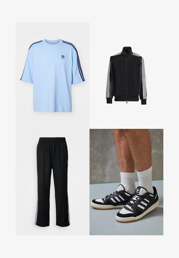 Μαύρο τζάκετ από δίχτυ με φερμουάρ μπροστά, με συμπαγή μαύρα μανίκια και τρεις λευκές ρίγες κατά μήκος των χεριών. Ριμπέ μανσέτες και στρίφωμα.; Ανοιχτό μπλε βαμβακερό μπλουζάκι με κοντά μανίκια, που διαθέτει ναυτικές ρίγες στους ώμους και ένα μικρό μαύρο λογότυπο adidas στο στήθος.; Μαύρο αθλητικό παντελόνι με ελαστική μέση, διαθέτει λευκές ρίγες στο πλάι και ένα μικρό λογότυπο. Το υλικό φαίνεται μαλακό και ελαφρύ.; Μαύρα και λευκά αθλητικά παπούτσια με άνω μέρος από σουέτ και δέρμα, featuring τρεις λευκές ρίγες, περατά δάχτυλα και σόλα από καουτσούκ τύπου γκαστ.
