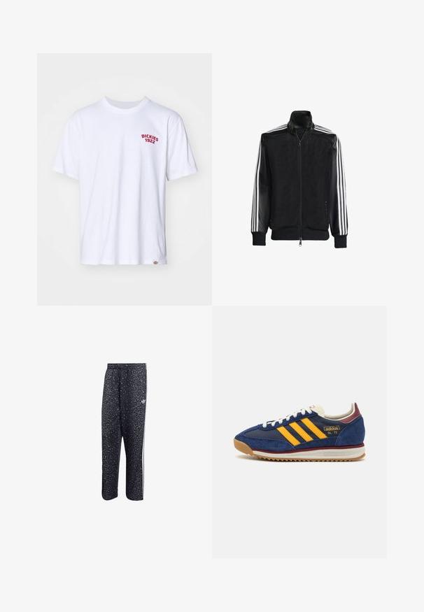 Juodas permatomas džemperis su užtrauktuku priekyje, turintis vientisas juodas rankoves ir tris baltas juostas ant rankų. Raukšlėtos rankogaliai ir apatinė dalis.; Balta medvilnės marškinėliai trumpomis rankovėmis, su raudonu siuvinėtu logotipu "DICKIES 1922" kairėje krūtinės pusėje; su iškirpte su raibais krašteliais.; Juodi sportiniai keliai su leopardų raštu, su baltu trijų juostų dizainu ir sportinės prekinio ženklo logo šone.; Jūrinis nubuko sportbačių modelis su geltonomis juostelėmis, baltais raišteliais ir bordo akcentais. Su tekstūruota padanga su grioveliais, užtikrinančiais sukibimą. Prekės ženklas ant šono.