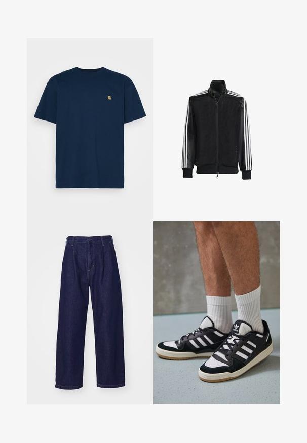 Czarna siateczkowa kurtka z zamkiem z przodu, z jednolitymi czarnymi rękawami i trzema białymi paskami wzdłuż ramion. Prążkowane mankiety i dół.; Carhartt WIP CHASE granatowy; Granatowe dżinsy o szerokim kroju, wysoki stan, z zapięciem na guzik i klasycznym pięciopunktowym stylem. Gładka tekstura, subtelne przeszycia.; Czarno-białe sneakersy z zamszową i skórzaną cholewką, z trzema białymi paskami, perforowanym czubkiem i gumową podeszwą w kolorze gumy.