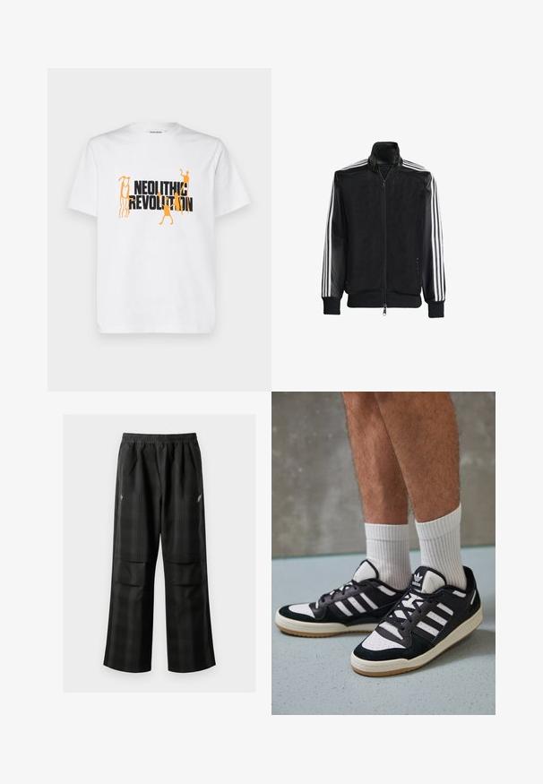Jaqueta de malha preta com fecho zip, apresentando mangas pretas sólidas e três riscas brancas ao longo dos braços. Punhos e bainha canelados.; T-shirt de algodão branca com um ousado texto gráfico em preto e laranja a dizer "REVOLUÇÃO NEOLÍTICA" com figuras humanas abstractas.; Calças pretas em padrão xadrez com cintura elástica, dois bolsos frontais e um ajuste solto com design de perna reta. Feitas de material leve.; Ténis em preto e branco com upper em camurça e couro, apresentando três riscas brancas, um toe perfurado e uma sola em borracha de goma.