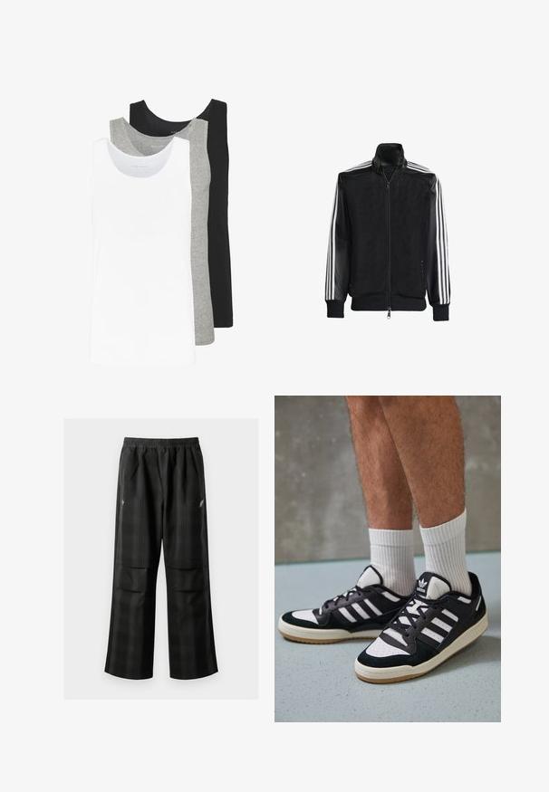 Zwarte maillotjas met een rits aan de voorkant, met stevige zwarte mouwen en drie witte strepen langs de armen. Geribbelde manchetten en zoom.; Drie tanktops in wit, grijs en zwart. Elke tanktop heeft een klassiek mouwloos ontwerp, gemaakt van lichtgewicht katoen met een ribbelstructuur.; Zwarte geruite broek met een elastische tailleband, twee voorzakken en een losse pasvorm met een rechte pijpdesign. Gemaakt van lichtgewicht materiaal.; Zwart-witte sneakers met een bovenwerk van suede en leer, voorzien van drie witte strepen, een geperforeerde neus en een rubberen gumzool.