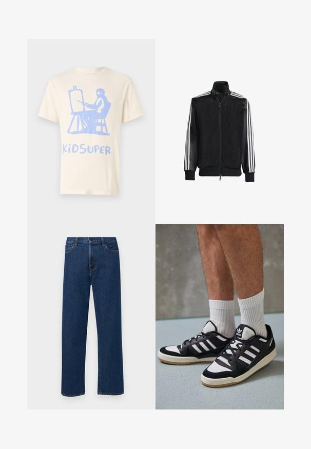 Czarna siateczkowa kurtka z zamkiem z przodu, z jednolitymi czarnymi rękawami i trzema białymi paskami wzdłuż ramion. Prążkowane mankiety i dół.; Kremowa bawełniana koszulka z niebieską grafiką przedstawiającą siedzącą postać malującą na sztaludze, z napisem "KiDSUPER" poniżej w tym samym kolorze.; Granatowe dżinsy prostego kroju z kieszeniami z przodu i zapięciem na guzik, zaprezentowane na jednolitym białym tle.; Czarno-białe sneakersy z zamszową i skórzaną cholewką, z trzema białymi paskami, perforowanym czubkiem i gumową podeszwą w kolorze gumy.