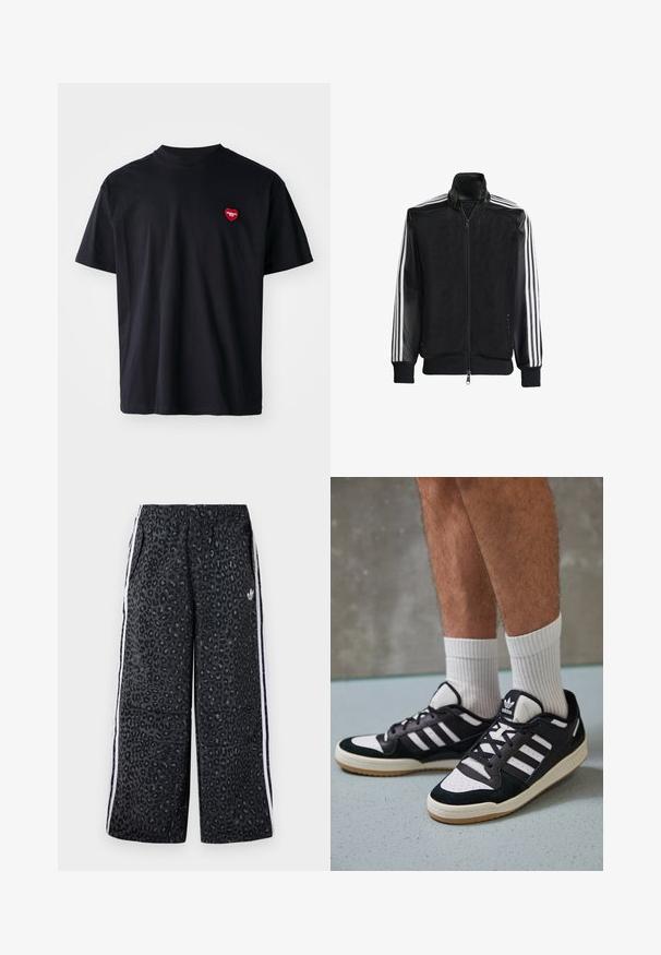 Čierna sieťovaná bunda so zipsom vpredu, s pevnými čiernymi rukávmi a tromi bielymi pruhmi po stranách rukávov. Žebrované manžety a spodný lem.; Čierne bavlnené tričko s okrúhlym výstrihom a krátkymi rukávmi. Obsahuje malé červené srdiečko na ľavej strane hrudníka.; adidas Originals GRAPHIC UNISEX - Tepláky - black; Čierno-biele tenisky s vrchom z semišu a kože, s troma bielymi pruhmi, perforovanou špičkou a gumovou podrážkou.