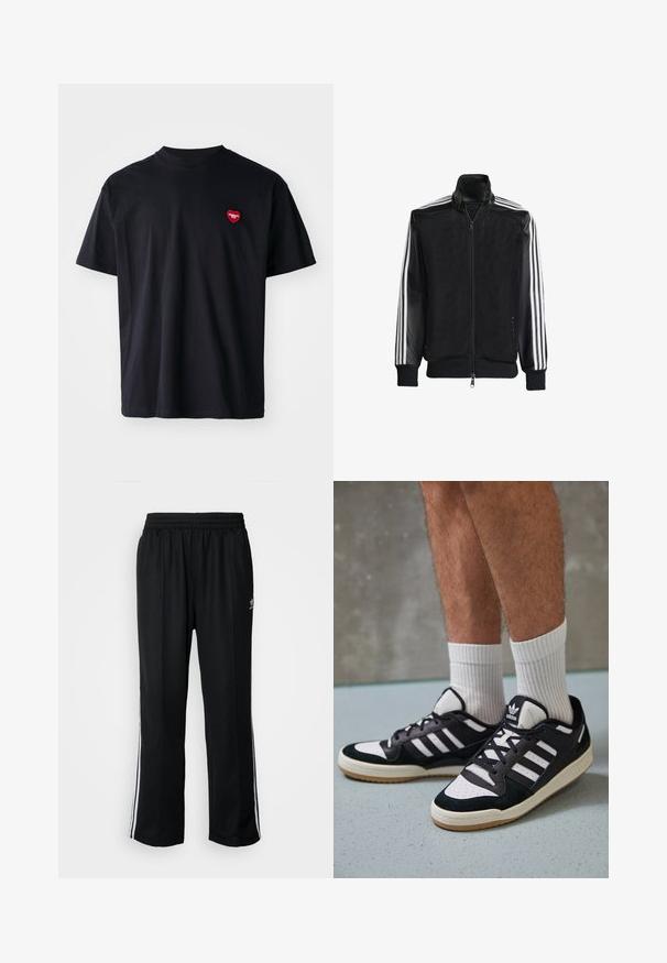 Čierna sieťovaná bunda so zipsom vpredu, s pevnými čiernymi rukávmi a tromi bielymi pruhmi po stranách rukávov. Žebrované manžety a spodný lem.; Čierne bavlnené tričko s okrúhlym výstrihom a krátkymi rukávmi. Obsahuje malé červené srdiečko na ľavej strane hrudníka.; Čierne športové nohavice s elastickým pásom, s bielymi bočnými prúžkami a malým logom. Materiál vyzerá byť mäkký a ľahký.; Čierno-biele tenisky s vrchom z semišu a kože, s troma bielymi pruhmi, perforovanou špičkou a gumovou podrážkou.
