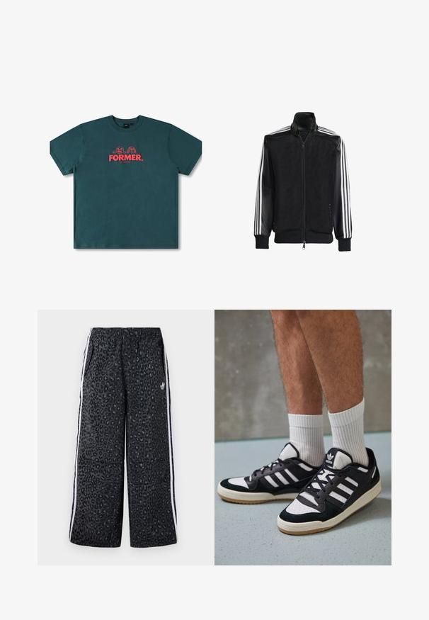 Čierna sieťovaná bunda so zipsom vpredu, s pevnými čiernymi rukávmi a tromi bielymi pruhmi po stranách rukávov. Žebrované manžety a spodný lem.; Tyrkysové bavlnené tričko s krátkymi rukávmi, okrúhlym výstrihom a centrálnou grafikou s textom "FORMER." a hravými postavičkami v červenej farbe.; adidas Originals GRAPHIC UNISEX - Tepláky - black; Čierno-biele tenisky s vrchom z semišu a kože, s troma bielymi pruhmi, perforovanou špičkou a gumovou podrážkou.