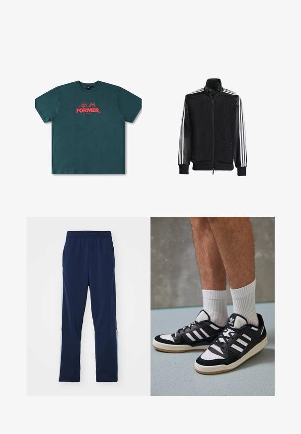 Zwarte maillotjas met een rits aan de voorkant, met stevige zwarte mouwen en drie witte strepen langs de armen. Geribbelde manchetten en zoom.; Teal katoenen T-shirt met korte mouwen, een ronde hals en een centrale grafische afbeelding met de tekst "FORMER." en speelse karakters in het rood.; Marineblauwe sportbroek gemaakt van rekbare stof, met een brede elastische tailleband, rechte snit en lichte zijpaneelaccenten met logo's.; Zwart-witte sneakers met een bovenwerk van suede en leer, voorzien van drie witte strepen, een geperforeerde neus en een rubberen gumzool.