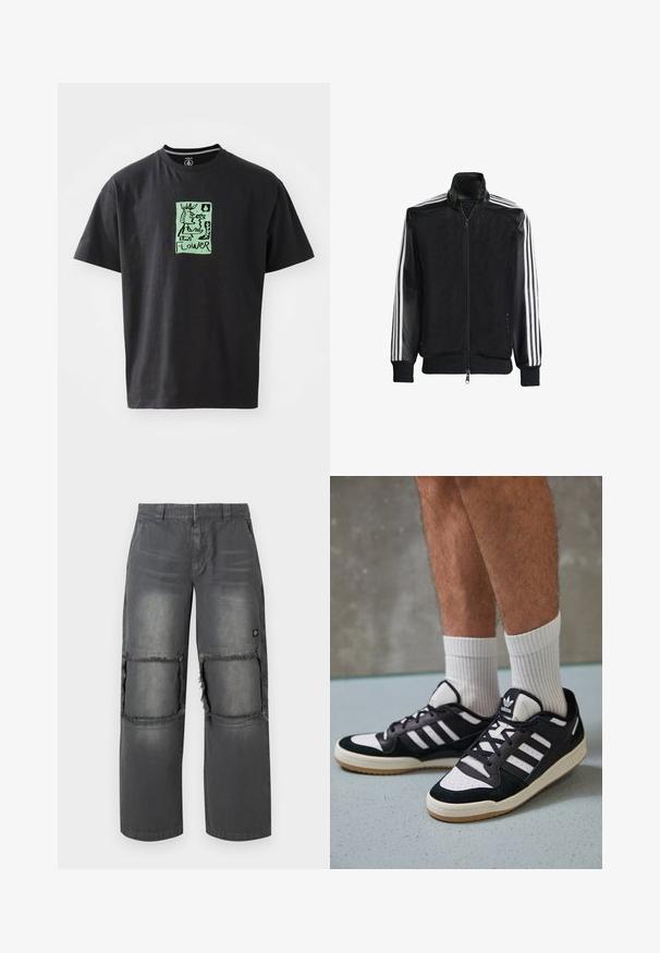 Musta verkkomantteli, jossa on vetoketjulla suljettava etuosa, mustat hihat ja kolme valkoista raitaa käsivarsilla. Ribbaatut hihansuut ja helma.; Musta puuvillapaita, jossa on vihreä graafinen kuvasto ja sana "KUKKA". Lyhyet hihat ja pyöreä kaula-aukko.; Harmaat denim-housut rentoon istuvuuteen, joissa on riiputetut polvipatches, erottuva ompelu ja pieni logo sivussa.; Valkoiset ja mustat tennarit, joissa on mokkanahka- ja nahkapäällinen, kolme valkoista raitaa, rei'itetty kärki ja kumipohja.