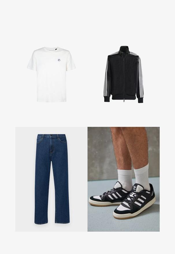 Črna mrežasta jakna z zadrgo spredaj, s trdnimi črnimi rokavi in tremi belimi črtami vzdolž rokavov. Rebrasti robovi in spodnji del.; Bela bombažna majica s kroženim izrezom in kratkimi rokavi. Ima majhen okrogel logotip na zgornjem levem predelu prsnega koša.; Temno modri jeans ravne krojenje z naprsnimi žepi in gumbom za zapiranje, prikazani na enostavni beli podlagi.; Črno-bele superge z zgornjim delom iz usnja in nubuka, ki imajo tri bele črte, perforiran vrh prstov in podplat iz gume.