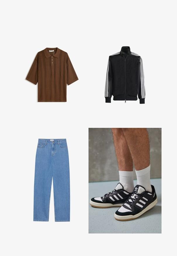 Musta verkkomantteli, jossa on vetoketjulla suljettava etuosa, mustat hihat ja kolme valkoista raitaa käsivarsilla. Ribbaatut hihansuut ja helma.; Ruosteenruskea lyhythihainen polo-paita, jossa on teksturoitu neulepinta ja pystysuorat raidat sekä kolmipainikkeinen napitus. Pehmeä kangas, rento istuvuus.; Vaaleansiniset farkut suoranleikkauksella, viisi taskua, yksittäinen nappisulku ja huomaamattomat ompeluyksityiskohdat saumoissa.; Valkoiset ja mustat tennarit, joissa on mokkanahka- ja nahkapäällinen, kolme valkoista raitaa, rei'itetty kärki ja kumipohja.