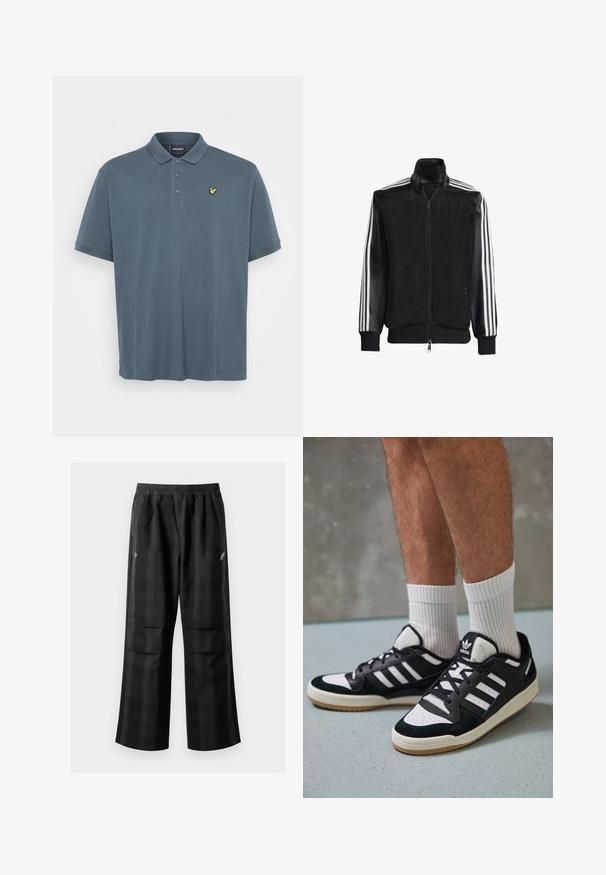 Svart mesh-jakke med glidelås foran, med solide svarte ermer og tre hvite striper langs armene. Ribbestrikkede mansjetter og nederkant.; Mørkegrå polo skjorte laget av myk bomull. Har klassisk krage, tre-knappslukking og en gul brodert logo på brystet.; Svarte rutete bukser med elastisk midje, to frontlommer og løs passform med rett ben-design. Laget av lett materiale.; Sorte og hvite sneakers med overdel i semsket skinn og lær, med tre hvite striper, perforert tå og en såle av gummi.