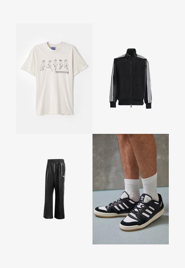 Jaqueta de malha preta com fecho zip, apresentando mangas pretas sólidas e três riscas brancas ao longo dos braços. Punhos e bainha canelados.; T-shirt de algodão creme com mangas curtas, apresentando um design abstrato preto e o texto "KIDSUPER STUDIOS" no centro.; Calças de treino sintéticas pretas com um cós elástico, apresentando riscas laterais brancas e um pequeno logótipo branco no quadril esquerdo.; Ténis em preto e branco com upper em camurça e couro, apresentando três riscas brancas, um toe perfurado e uma sola em borracha de goma.
