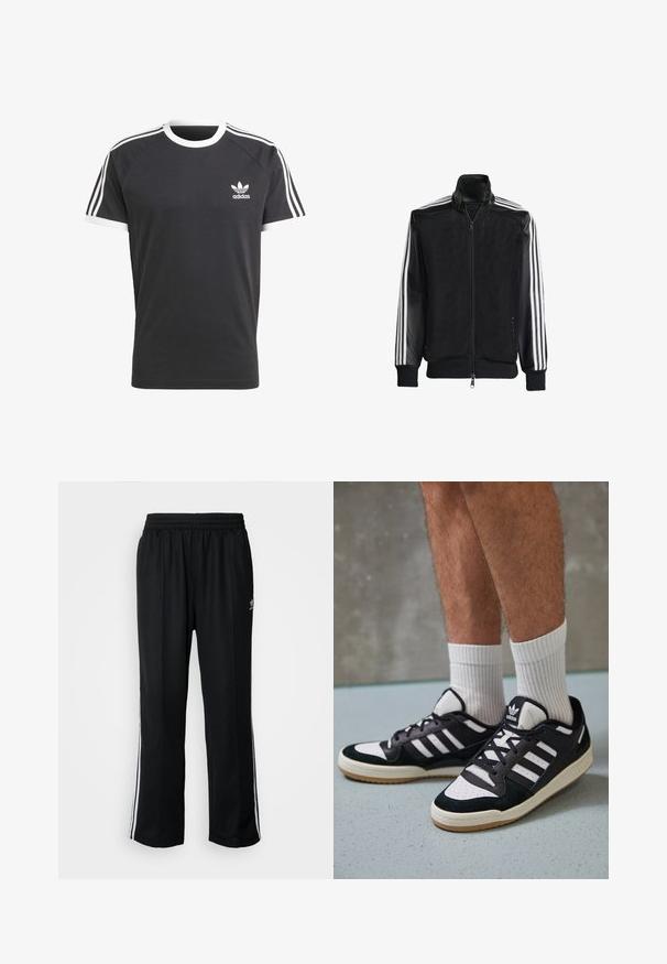 Jaqueta de malha preta com fecho zip, apresentando mangas pretas sólidas e três riscas brancas ao longo dos braços. Punhos e bainha canelados.; T-shirt preta com gola e acabamentos das mangas brancos, apresentando três riscas horizontais brancas em cada ombro e um pequeno logo Adidas branco.; Calças atléticas pretas com um cós elástico, apresentando riscas brancas laterais e um pequeno logótipo. O material parece macio e leve.; Ténis em preto e branco com upper em camurça e couro, apresentando três riscas brancas, um toe perfurado e uma sola em borracha de goma.
