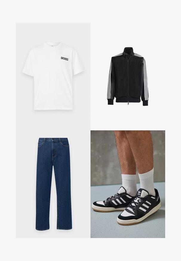Črna mrežasta jakna z zadrgo spredaj, s trdnimi črnimi rokavi in tremi belimi črtami vzdolž rokavov. Rebrasti robovi in spodnji del.; Bela majica s kratkimi rokavi iz bombaža. Ima okroglo izrez na vratu in majhen črn logotip "DICKIES" na levi strani prsi.; Temno modri jeans ravne krojenje z naprsnimi žepi in gumbom za zapiranje, prikazani na enostavni beli podlagi.; Črno-bele superge z zgornjim delom iz usnja in nubuka, ki imajo tri bele črte, perforiran vrh prstov in podplat iz gume.