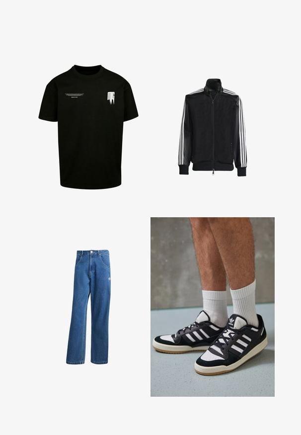 Black mesh jacket with a zip front, featuring solid black sleeves and three white stripes along the arms. Ribbed cuffs and hem.; Black cotton t-shirt featuring short sleeves, a round neckline, and white printed text and graphic accents on the front.; Blue high-waist wide-leg denim jeans with front pockets, belt loops, button closure, and small Adidas logo on the right thigh.; Black and white sneakers with a suede and leather upper, featuring three white stripes, a perforated toe, and a gum rubber sole.