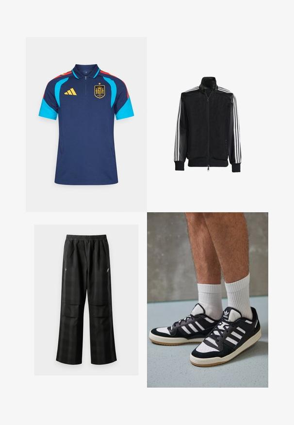 Melna režģa jakas ar rāvējslēdzēja priekšpusi, kam ir viendabīgas melnas piedurknes un trīs baltas svītras gar rokām. Ribota aproce un apakša.; Tumszils sporta polo ar īsām piedurknēm, ar tirkīza akcentiem, sarkani plecu svītrām, rāvējslēdzēja kaklu un dzeltenu emblēmu uz krūtīm.; Melnas kvadrātveida bikses ar elastīgu jostu, divām priekšējām kabatām un brīvu piegriezumu ar taisnām kājām. Izgatavotas no viegla materiāla.; Melnas un baltas kedas ar zamša un ādas augšdaļu, kas aprīkotas ar trim baltām svītrām, perforētu purngali un gumijas zolēm.