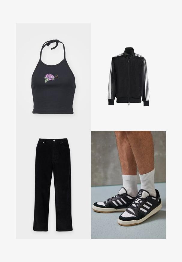 Schwarze Mesh-Jacke mit Reißverschluss vorne, die aus einem einfarbigen schwarzen Ärmeln und drei weißen Streifen an den Armen besteht. Gerippte Bündchen und Saum.; Schwarzes Halftertop aus weichem Baumwollstoff mit einer gestickten rosa Rose und grünen Blättern. Verfügt über einen Bindegurt und eine figurbetonte Passform.; Schwarze Cordhosen mit geradem Bein, ausgestattet mit Fronttaschen und Metallknöpfen. Weicher Stoff mit vertikaler Rippstruktur.; Schwarz-weiße Sneaker mit einem Obermaterial aus Wildleder und Leder, ausgestattet mit drei weißen Streifen, einer perforierten Zehenpartie und einer Sohle aus Gummi.