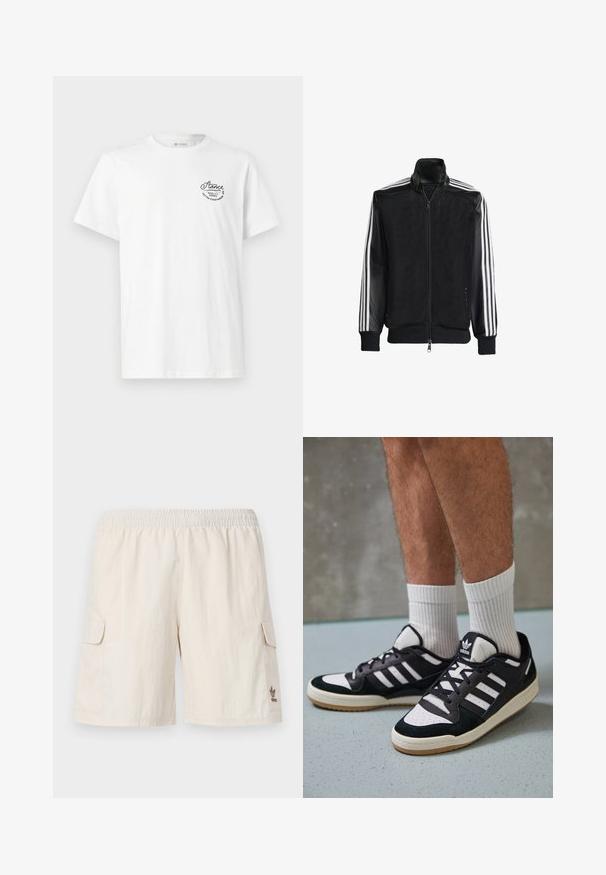 Schwarze Mesh-Jacke mit Reißverschluss vorne, die aus einem einfarbigen schwarzen Ärmeln und drei weißen Streifen an den Armen besteht. Gerippte Bündchen und Saum.; Weißes Baumwoll-T-Shirt mit Rundhals und kurzen Ärmeln, mit einem schwarzen, gestickten Logo auf der oberen linken Seite.; Beige Cargo-Shorts mit elastischem Bund, zwei Seitentaschen und einem kleinen Logo auf der unteren rechten Seite. Glattes, leichtes Material.; Schwarz-weiße Sneaker mit einem Obermaterial aus Wildleder und Leder, ausgestattet mit drei weißen Streifen, einer perforierten Zehenpartie und einer Sohle aus Gummi.