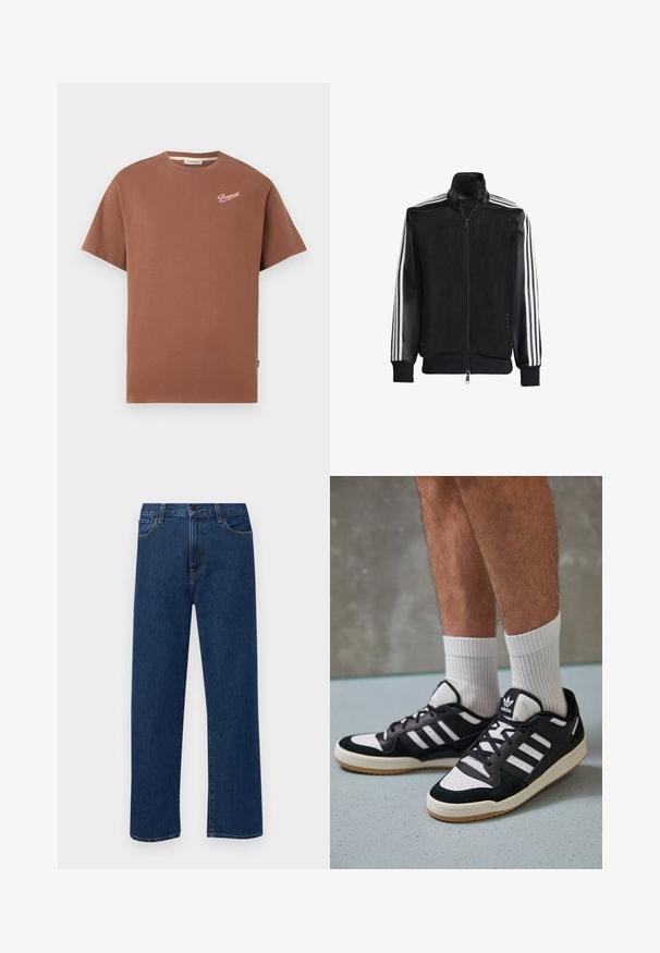 Black mesh jacket with a zip front, featuring solid black sleeves and three white stripes along the arms. Ribbed cuffs and hem.; Brown short-sleeve crewneck t-shirt with "Pompeii" logo in white script on the upper left chest.; Dark blue denim jeans with a straight leg design, featuring a high waist, front pockets, and contrasting yellow stitching.; Black and white sneakers with a suede and leather upper, featuring three white stripes, a perforated toe, and a gum rubber sole.