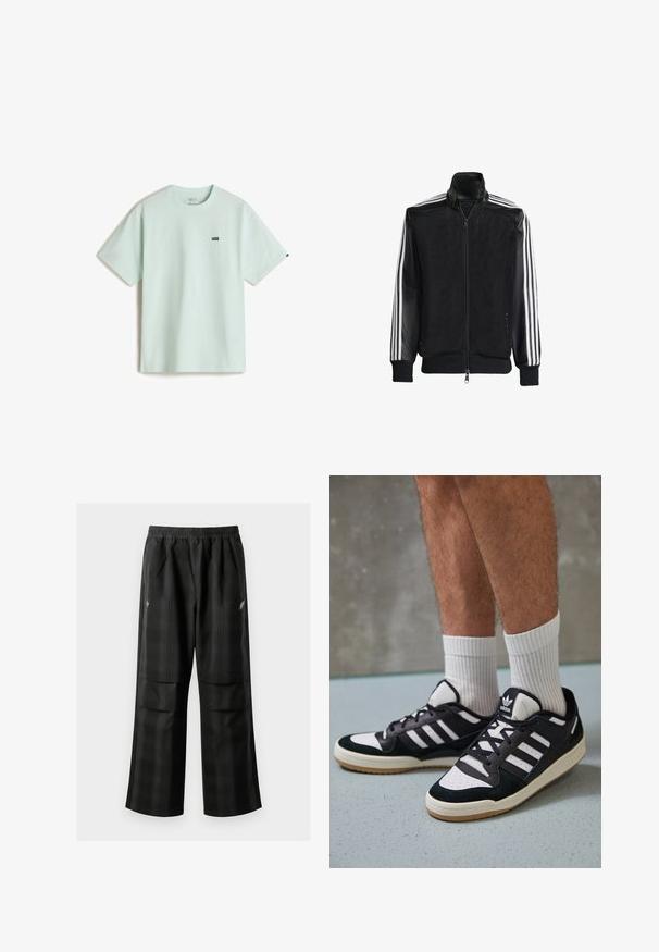 Czarna siateczkowa kurtka z zamkiem z przodu, z jednolitymi czarnymi rękawami i trzema białymi paskami wzdłuż ramion. Prążkowane mankiety i dół.; Jasno miętowa bawełniana koszulka z okrągłym dekoltem, krótkimi rękawami i małym czarnym logo Vans na lewej piersi.; Czarne spodnie w kratę z elastycznym pasem, dwoma przednimi kieszeniami i luźnym krojem ze prostymi nogawkami. Wykonane z lekkiego materiału.; Czarno-białe sneakersy z zamszową i skórzaną cholewką, z trzema białymi paskami, perforowanym czubkiem i gumową podeszwą w kolorze gumy.