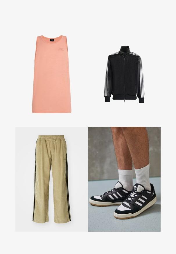 Černá síťovaná bunda na zip, s celými černými rukávy a třemi bílými pruhy podél rukávů. Hladké manžety a lem.; Meruňkový top na ramínka vyrobený z lehkého materiálu, s kulatým výstřihem a bez rukávů. Na přední straně jemné logo O'Neill.; Beige korduroy kalhoty s elastickým pasem, s černými bočními pruhy. Tkanina má jemně žebrovanou strukturu a je mírně rozšířená na dně.; Černobílé tenisky s vrchní částí z semišové a kožené kůže, včetně tří bílých pruhů, perforovaného špičky a podrážky z gumy.