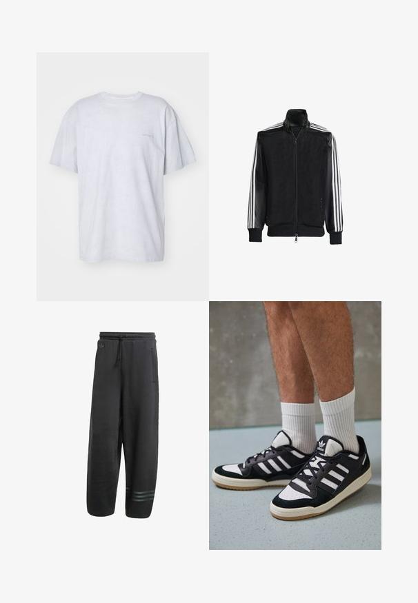 Svart nätjacka med dragkedja framtill, med enfärgade svarta ärmar och tre vita ränder längs armarna. Ribbstickade manschetter och nederkant.; Carhartt WIP DUSTER SCRIPT - T-shirt - bas - basalt; Svarta sweatpants med avslappnad passform, elastiskt midjeband, dragsko, sidfickor och tre diskreta horisontella ränder vid vristen.; Svartvita sneakers med ovandel i mocka och läder, med tre vita ränder, perforerad tå och sula av gummigummi.