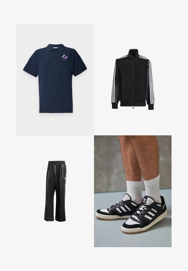 Jaqueta de malha preta com fecho zip, apresentando mangas pretas sólidas e três riscas brancas ao longo dos braços. Punhos e bainha canelados.; Camisa polo azul marinho feita de algodão, com um logótipo bordado em rosa de um cavalo. Manga curta e design de colarinho clássico.; Calças de treino sintéticas pretas com um cós elástico, apresentando riscas laterais brancas e um pequeno logótipo branco no quadril esquerdo.; Ténis em preto e branco com upper em camurça e couro, apresentando três riscas brancas, um toe perfurado e uma sola em borracha de goma.