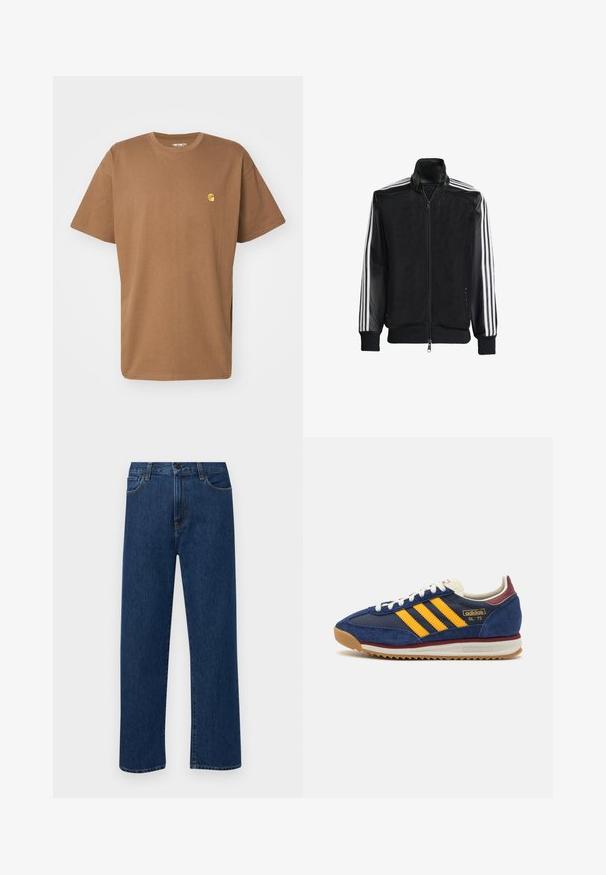 Melna režģa jakas ar rāvējslēdzēja priekšpusi, kam ir viendabīgas melnas piedurknes un trīs baltas svītras gar rokām. Ribota aproce un apakša.; Carhartt WIP CHASE - Pamata T-krekls - chocolate/gold; Tumši zilas taisnas kājas denim bikses ar priekšējām kabatām un pogu aizdari, izvietotas uz vienkārša baltā fona.; Jūras spēku zilo zamšveida čību ar dzeltenām svītrām, baltām auklām un bordo akcentiem. Reljefs zole ar rievojumu, lai nodrošinātu saķeri. Zīmola logo sānu daļā.