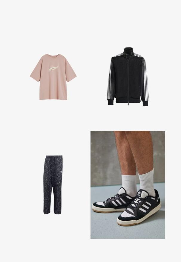 Svart nätjacka med dragkedja framtill, med enfärgade svarta ärmar och tre vita ränder längs armarna. Ribbstickade manschetter och nederkant.; Stoft rosa oversized t-shirt gjord av mjuk bomull, med en diskret grafisk design på framsidan. Korta ärmar och rund halsdesign.; Svarta träningsbyxor med leopardmönster, med en vit design av tre ränder och en atletisk varumärkeslogotyp på sidan.; Svartvita sneakers med ovandel i mocka och läder, med tre vita ränder, perforerad tå och sula av gummigummi.