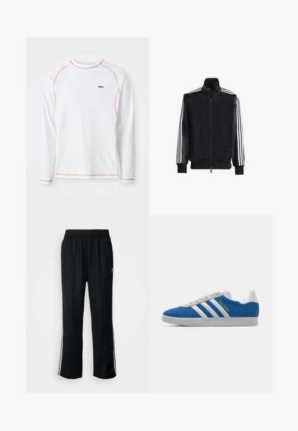 Svart mesh-jakke med glidelås foran, med solide svarte ermer og tre hvite striper langs armene. Ribbestrikkede mansjetter og nederkant.; Hvit langermet T-skjorte med røde sømmer og en liten svart "OBEY" logo på brystet. Laget av bomull, med rund hals.; Sorte treningsbukser med elastisk midjebånd, med hvite sidestiper og en liten logo. Materialet ser mykt og lett ut.; adidas Originals ADIDAS GAZELLE SHOES - Innendørsfotballsko - real madrid/bluebird/footwear white/crew yellow