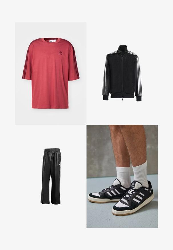Černá síťovaná bunda na zip, s celými černými rukávy a třemi bílými pruhy podél rukávů. Hladké manžety a lem.; Červené bavlněné tričko s kulatým výstřihem, krátkými rukávy a třemi tmavě červenými pruhy na každém rameni. Obsahuje malé černé logo na hrudi.; Černé syntetické sportovní kalhoty s elastickým pasem, se bílými postranními pruhy a malým bílým logem na levém boku.; Černobílé tenisky s vrchní částí z semišové a kožené kůže, včetně tří bílých pruhů, perforovaného špičky a podrážky z gumy.