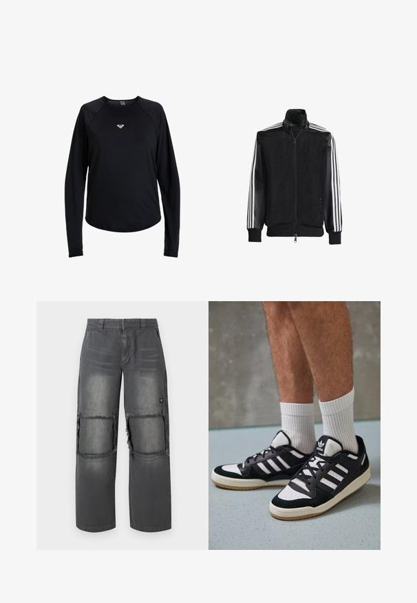 Czarna siateczkowa kurtka z zamkiem z przodu, z jednolitymi czarnymi rękawami i trzema białymi paskami wzdłuż ramion. Prążkowane mankiety i dół.; Czarna koszulka z długim rękawem i okrągłym dekoltem, z małym białym logo w kształcie serca umieszczonym na środku klatki piersiowej, pokazana na białym tle.; Szare dżinsowe spodnie o luźnym kroju, z przetartymi łatami na kolanach, kontrastowym przeszyciem i małym logo po boku.; Czarno-białe sneakersy z zamszową i skórzaną cholewką, z trzema białymi paskami, perforowanym czubkiem i gumową podeszwą w kolorze gumy.