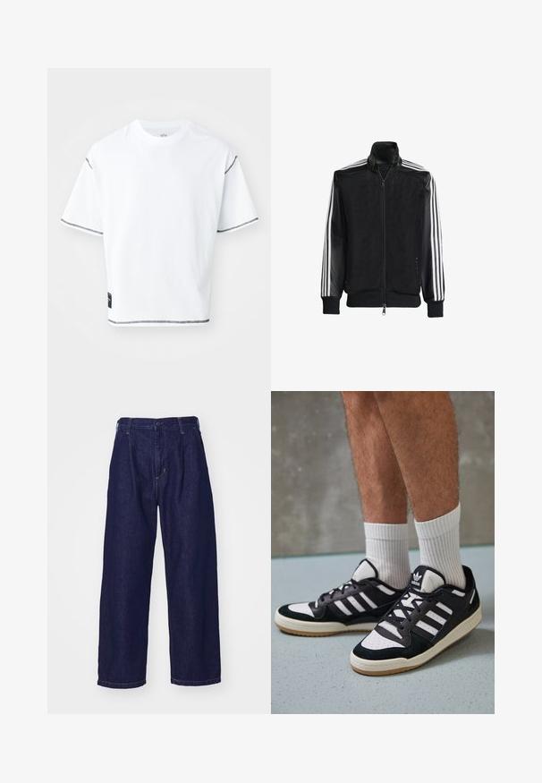 Black mesh jacket with a zip front, featuring solid black sleeves and three white stripes along the arms. Ribbed cuffs and hem.; White cropped t-shirt made from cotton. Features short sleeves with black stitched accents on the cuffs and a small black label on the bottom hem.; Dark blue denim jeans, wide-leg design, high waist, featuring a button closure and classic five-pocket styling. Smooth texture, subtle stitching.; Black and white sneakers with a suede and leather upper, featuring three white stripes, a perforated toe, and a gum rubber sole.