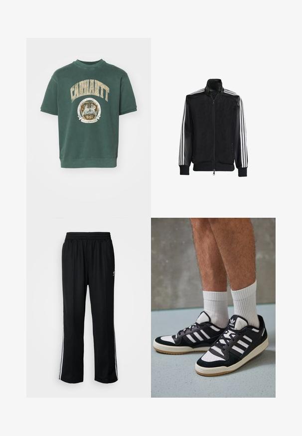 Melna režģa jakas ar rāvējslēdzēja priekšpusi, kam ir viendabīgas melnas piedurknes un trīs baltas svītras gar rokām. Ribota aproce un apakša.; Zaļš kokvilnas maisījuma īsām piedurknēm sporta krekls ar lielu Carhartt logotipu un apaļu grafiku uz priekšpuses. Mīksta, teksturēta auduma.; Melni sporta bikses ar elastīgu jostas vietu, kurām ir baltas sānu svītras un neliels logotips. Materiāls izskatās mīksts un viegls.; Melnas un baltas kedas ar zamša un ādas augšdaļu, kas aprīkotas ar trim baltām svītrām, perforētu purngali un gumijas zolēm.