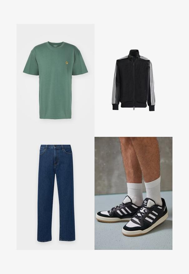 Črna mrežasta jakna z zadrgo spredaj, s trdnimi črnimi rokavi in tremi belimi črtami vzdolž rokavov. Rebrasti robovi in spodnji del.; Carhartt WIP CHASE - Navadna majica - duck green/gold; Temno modri jeans ravne krojenje z naprsnimi žepi in gumbom za zapiranje, prikazani na enostavni beli podlagi.; Črno-bele superge z zgornjim delom iz usnja in nubuka, ki imajo tri bele črte, perforiran vrh prstov in podplat iz gume.